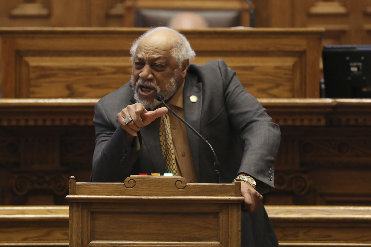 State Sen. Bruce David Lucas speaks about Senate Bill 456, which would prevent the woman in Georgia from receiving the abortion pill mifepristone through the mail, during a hearing on Tuesday, March 1, 2022 in Atlanta. The bill would require pregnant women to see a doctor in person before being able to obtain mifepristone, the abortion pill. A doctor would also have to perform an ultrasound. (Miguel Martinez/Atlanta Journal-Constitution via AP)