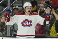 Montreal Canadiens left wing Michael Pezzetta (55) celebrates after scoring against the Vegas Golden Knights during the first period of an NHL hockey game Thursday, Jan. 20, 2022, in Las Vegas. (AP Photo/John Locher)