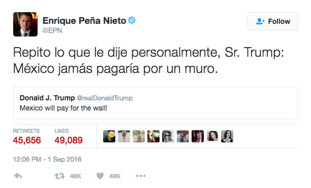 <p>Den Streit um eine Mauer an der US-mexikanischen Grenze und vor allem, wer diese bezahlen soll, haben Trump und Mexikos Präsident Enrique Peña Nieto mittlerweile auf Twitter verlagert. Nieto bleibt hart: “Ich widerhole, was ich Ihnen schon persönlich gesagt habe, Señor Trump: Mexiko wird niemals für eine Mauer bezahlen”, antwortete er, als Trump sein Wahlversprechen auf Twitter bekräftigte. (Bild: Screenshot/Twitter)</p>