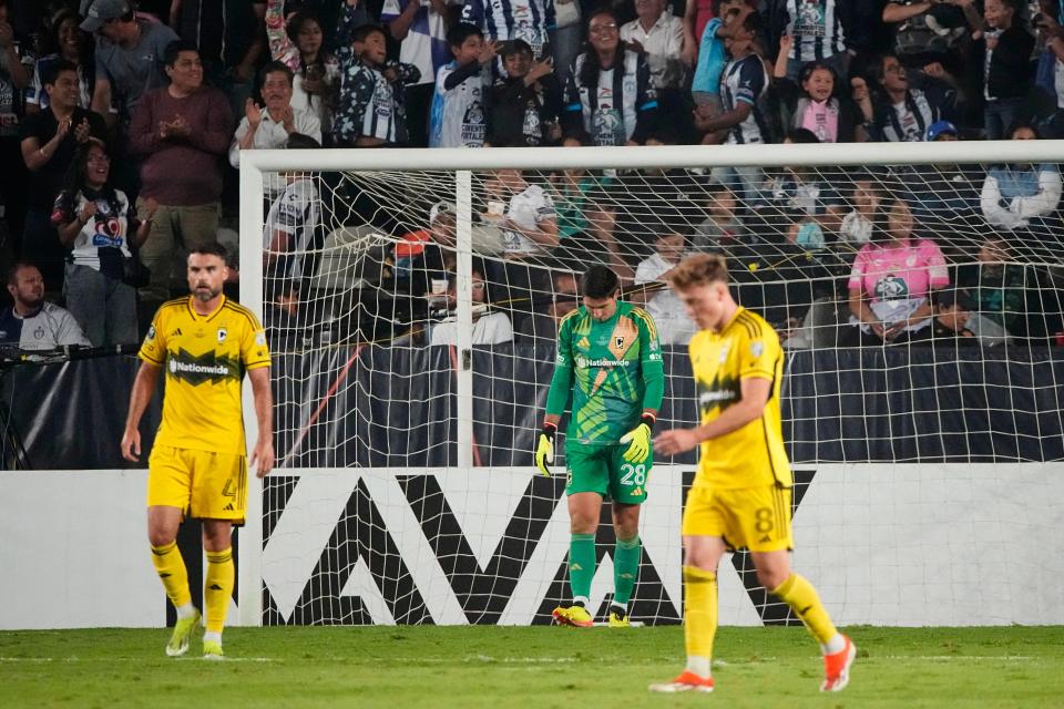 Jun 1, 2024; Pachuca, Hidalgo, Mexico; Columbus Crew goalkeeper Patrick Schulte (28) reacts in the first half against CF Pachuca in the 2024 CONCACAF Champions Cup Championship at Estadio Hidalgo. Mandatory Credit: Adam Cairns-USA TODAY Sports