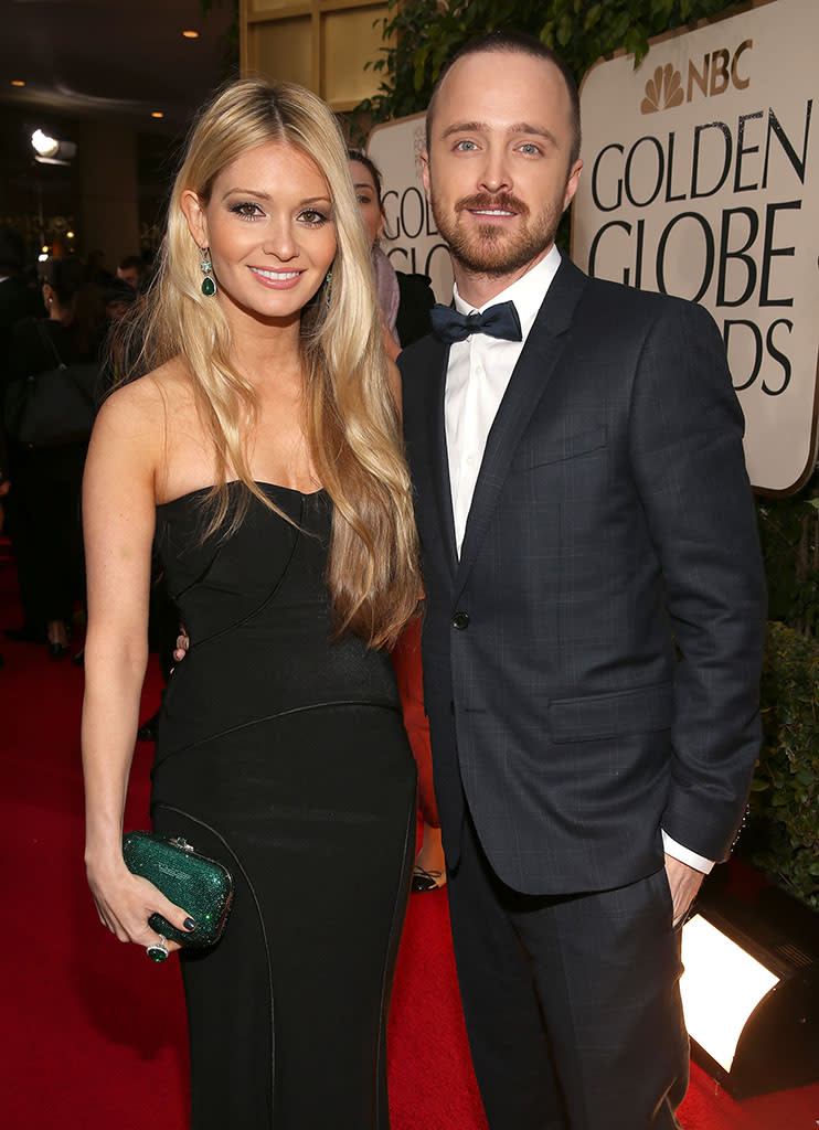 Aaron Paul and Lauren Parsekian arrive at the 70th Annual Golden Globe Awards at the Beverly Hilton in Beverly Hills, CA on January 13, 2013.