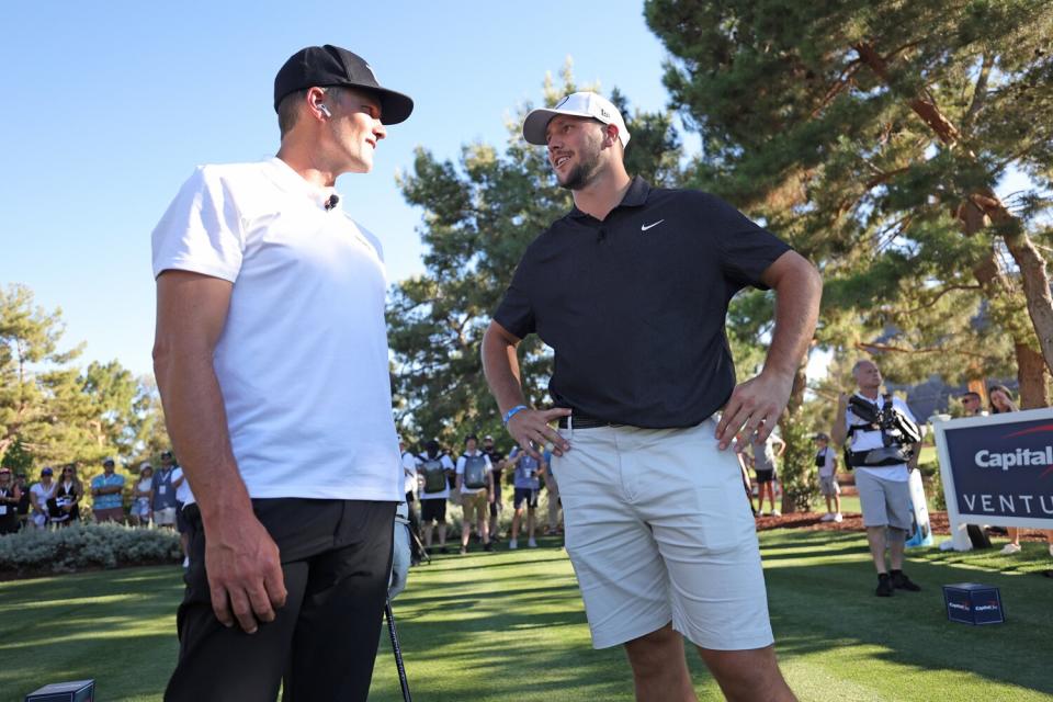 Tom Brady and Josh Allen talk during Capital One's The Match VI - Brady &amp; Rodgers v Allen &amp; Mahomes at Wynn Golf Club on June 01, 2022 in Las Vegas, Nevada