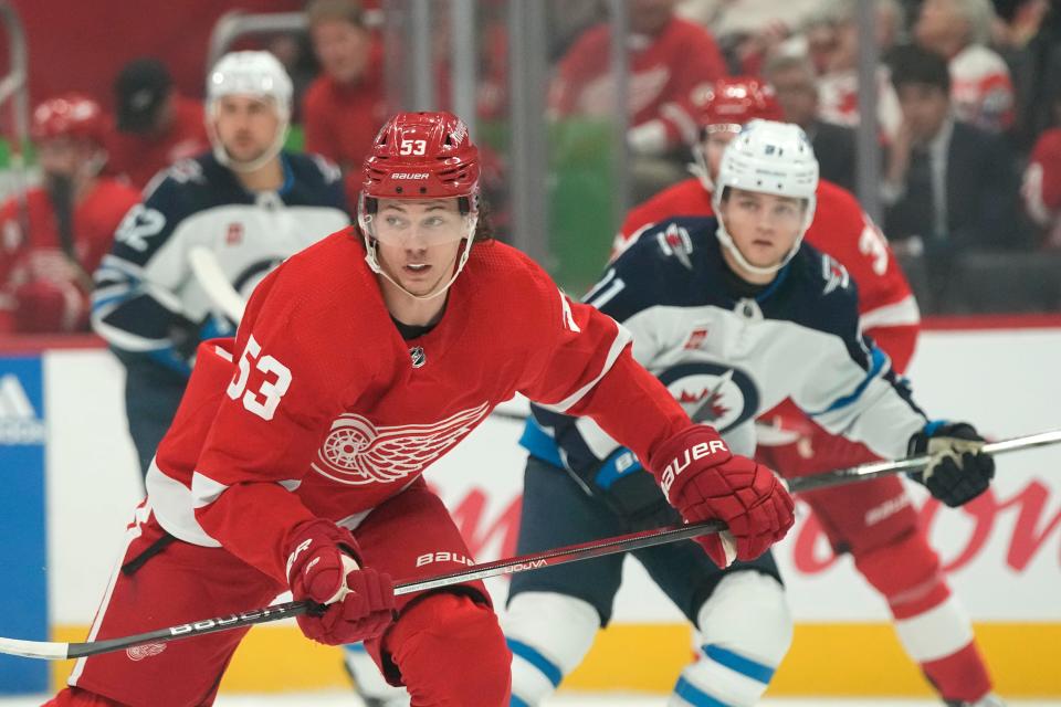 Detroit Red Wings defenseman Moritz Seider (53) skates during the first period against the Winnipeg Jets at Little Caesars Arena in Detroit on Thursday, Oct. 26, 2023.