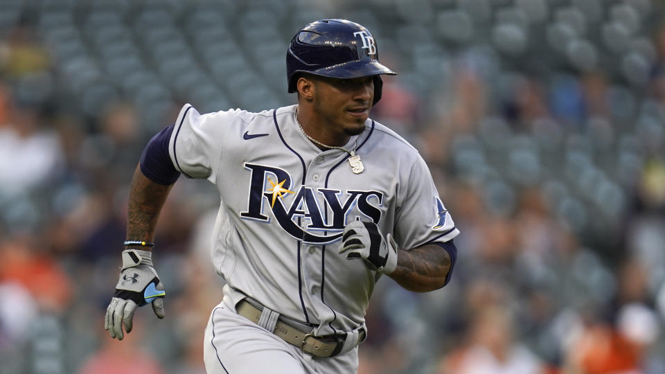 Tampa Bay Rays' Wander Franco hits a single against the Detroit Tigers in the first inning of a baseball game in Detroit, Friday, Sept. 10, 2021. (AP Photo/Paul Sancya)