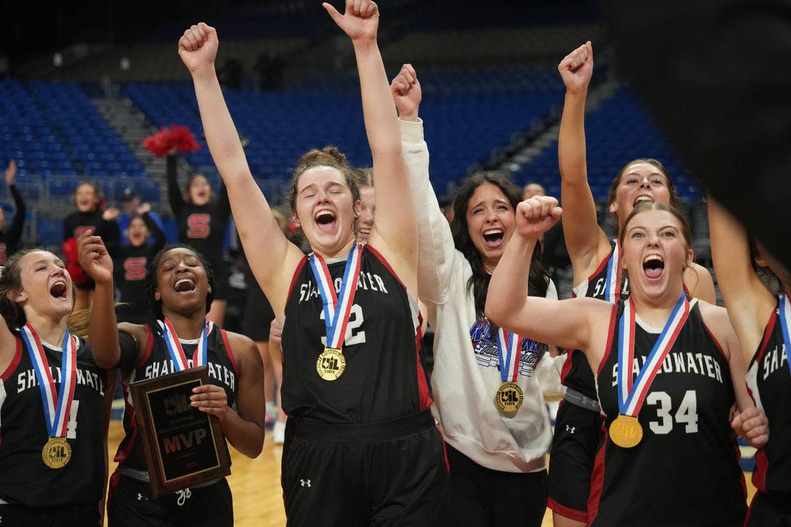 The Shallowater Fillies celebrate after winning the Class 3A state championship game on Saturday, March 2, 2024 at the Alamodome in San Antonio, Texas. Shallowater defeated Huntington 54-49 in OT.