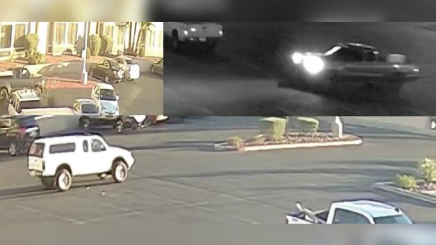 This composite image shows security footage that captured two vehicles of interest related to the 2019 killings of wild burros between Nevada and San Bernardino County. (Bureau of Land Management)