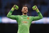 Football Soccer - Manchester City v Manchester United - Barclays Premier League - Etihad Stadium - 20/3/16 Manchester United's David de Gea celebrates at the end of the match Reuters / Phil Noble Livepic