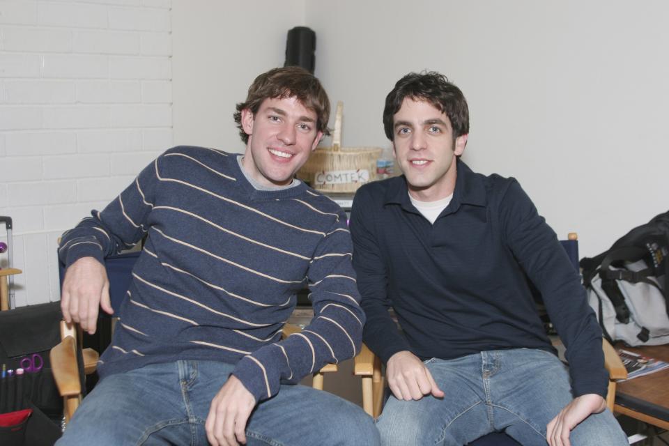 John Krasinski and B.J. Novak pose for a 2005 onset photo while shooting "The Office" episode, "E-Mail Surveillance"