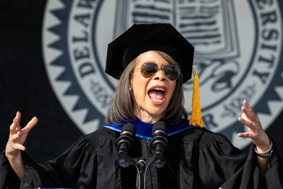 U.S. Rep. Lisa Blunt Rochester speaks during the underclassmen Delaware State University 2023 commencement ceremony at Alumni Stadium in Dover, Friday, May 12, 2023.