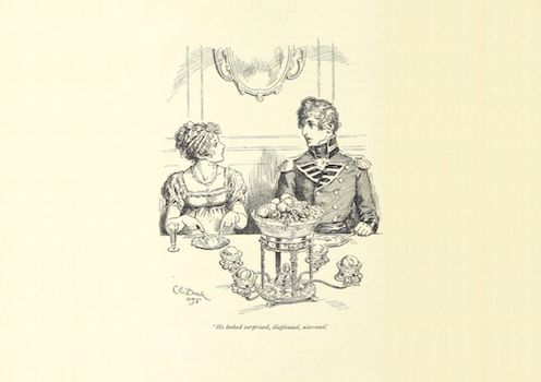 <span class="caption">Elizabeth Bennet and George Wickham talk over dessert in Pride and Prejudice. </span> <span class="attribution"><a class="link " href="https://access.bl.uk/item/viewer/ark:/81055/vdc_00000003A39E#?c=0&m=0&s=0&cv=358&xywh=-366%2C249%2C2246%2C1028" rel="nofollow noopener" target="_blank" data-ylk="slk:British Library;elm:context_link;itc:0;sec:content-canvas">British Library</a></span>