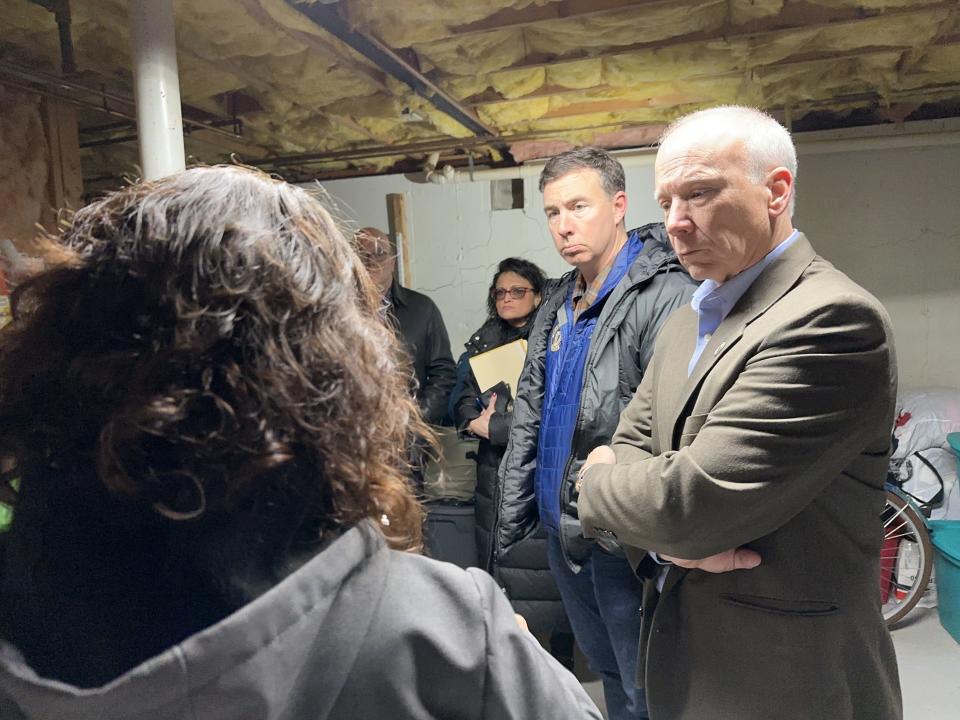 Sen. Ryan Fattman, left, and Sen. Peter Durant, on a recent tour of homes in Westminster and Winchendon affected by concrete contaminated with pyrrotite.