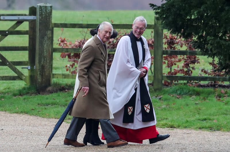 Britain's King Charles attends a church service at St. Mary Magdalene's church