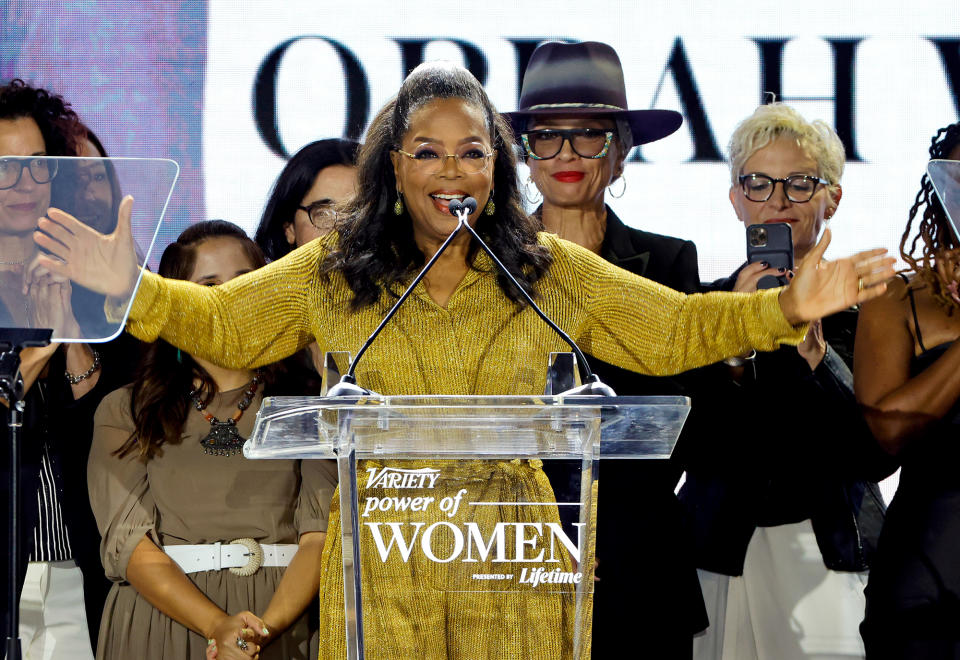 <p>Oprah Winfrey accepts an honor onstage at <em>Variety</em>'s Power of Women event in Beverly Hills on Sept. 28.</p>