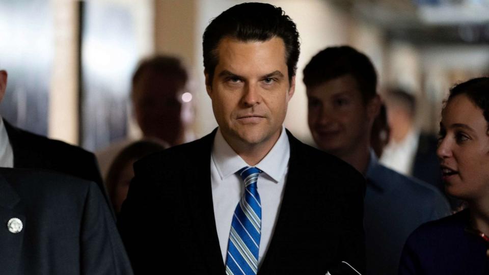 PHOTO: House Freedom Caucus member Rep. Matt Gaetz arrives for a meeting of the Republican House caucus, Sept. 30, 2023 in Washington, DC. (Nathan Howard/Getty Images)