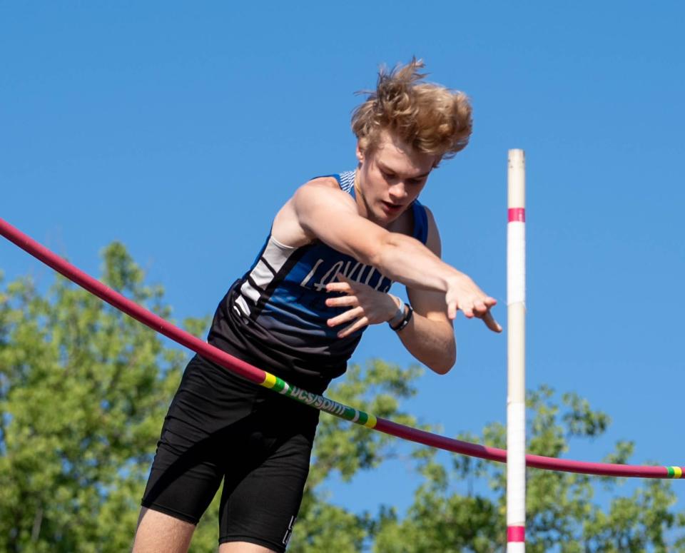 LaVille’s Lincoln Hulsey attempting to clear the crossbar Friday, June 2, 2023, during the IHSAA boys track and field state finals at Robert C. Haugh Track and Field Complex at Indiana University in Bloomington.