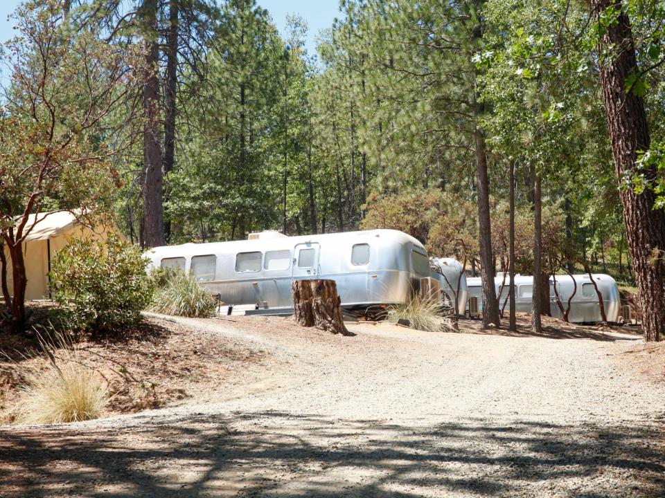 a row of Autocamp Yosemite's Airstream suites