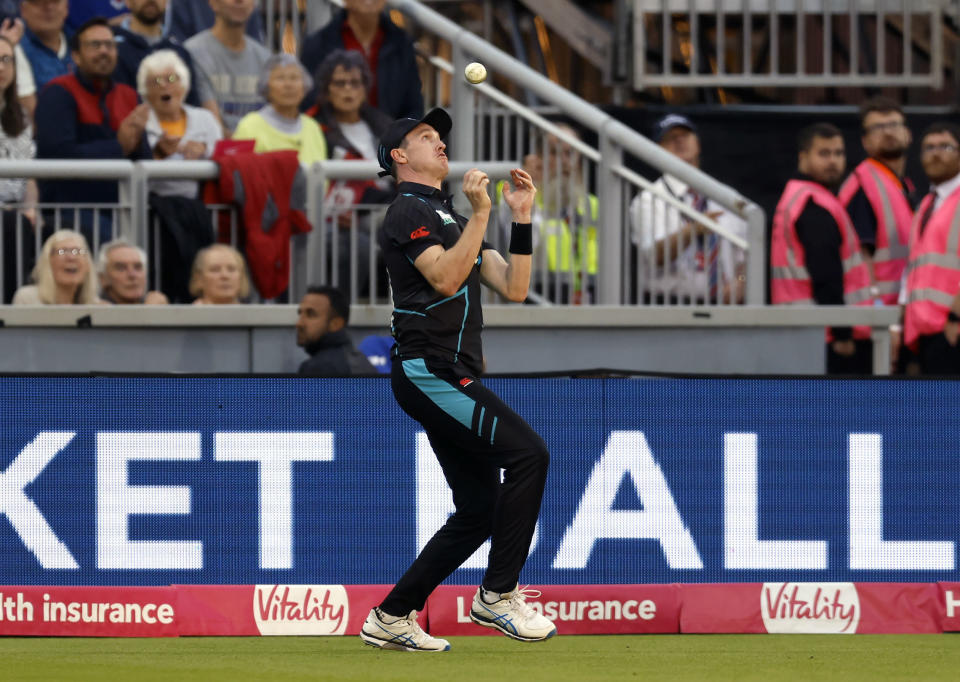 New Zealand's Adam Milne catches out England's Moeen Ali during the IT20 match between England and New Zealand at Emirates Old Trafford, Manchester, England, Friday Sept. 1, 2023. (Nigel French/PA via AP)