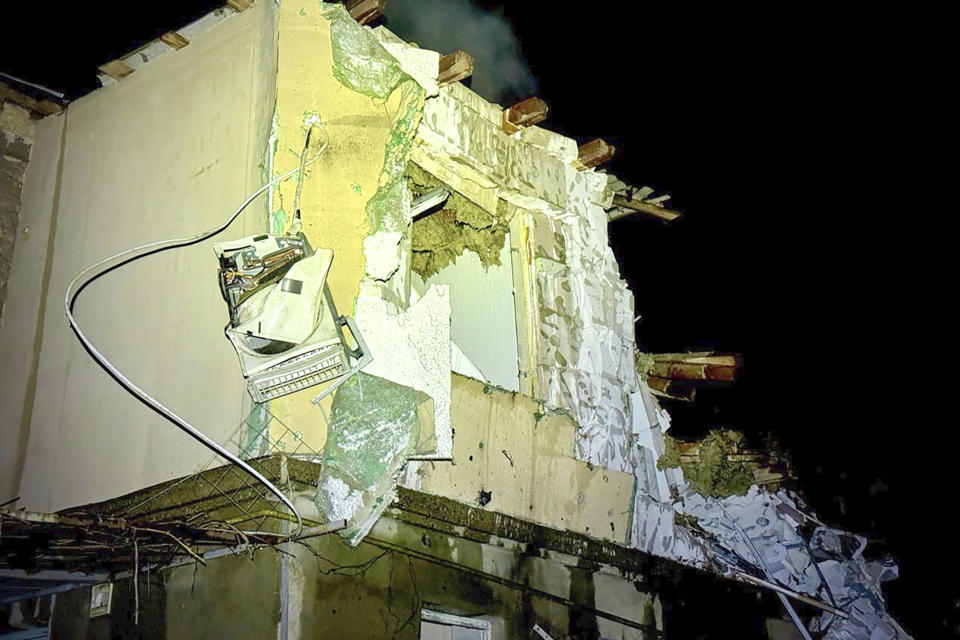 In this photo provided by the Mayor of Odesa Hennadii Trukhanov in Telegram, a view of the damage after a Russian drone attack in Odesa, Ukraine, Tuesday, April 23, 2024. (Mayor of Odesa Hennadii Trukhanov via AP)