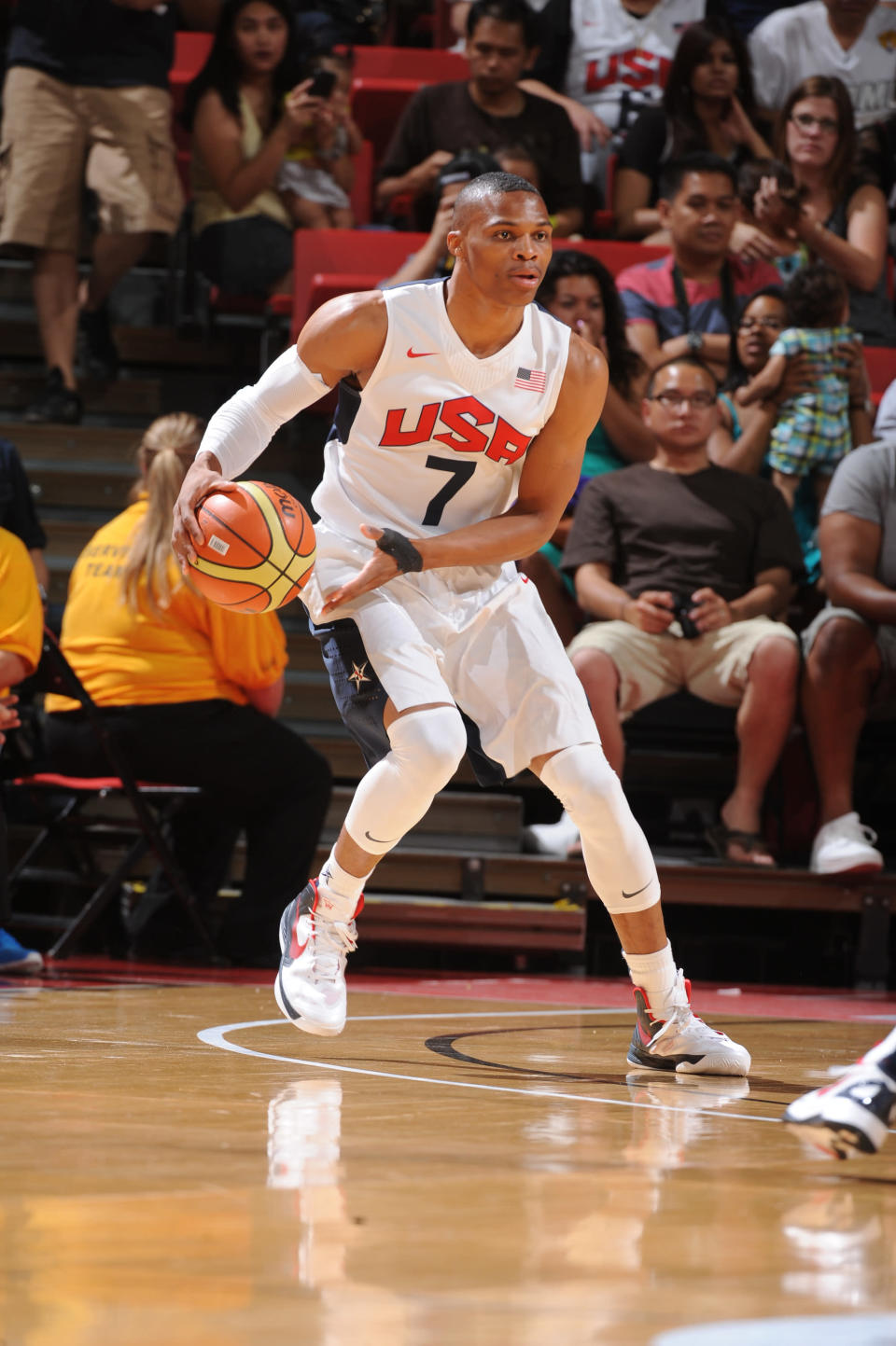 Russell Westbrook #7 of the US Men's Senior National Team looks to pass against the Dominican Republic during an exhibition game at the Thomas and Mack Center on July 12, 2012 in Las Vegas, Nevada. (Andrew D. Bernstein/NBAE via Getty Images)