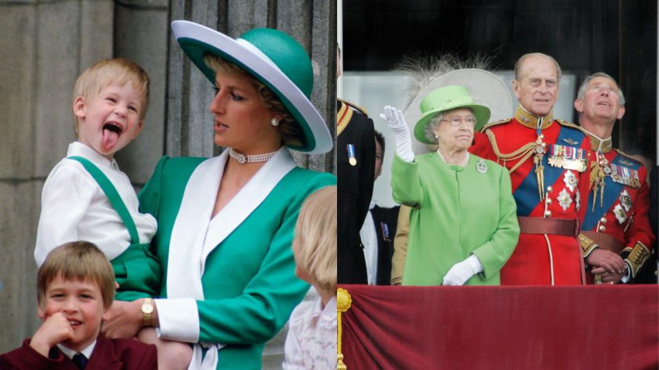  L: Royal Family member Prince Harry sticking his tongue out as his Mother, Diana Princess of Wales holds him on the balcony at Buckingham Palace, R: Queen Elizabeth II watches the RAF flypast from the balcony of Buckingham Palace. 