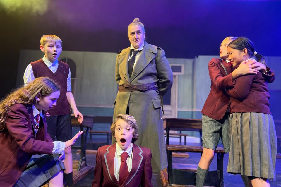 Christie Reading, of Pembroke, is Miss Trunchbull, with Reese Racicot as Matilda and Jake Martins, Roland Schultz, Jackson Lynch and Diana Lee.