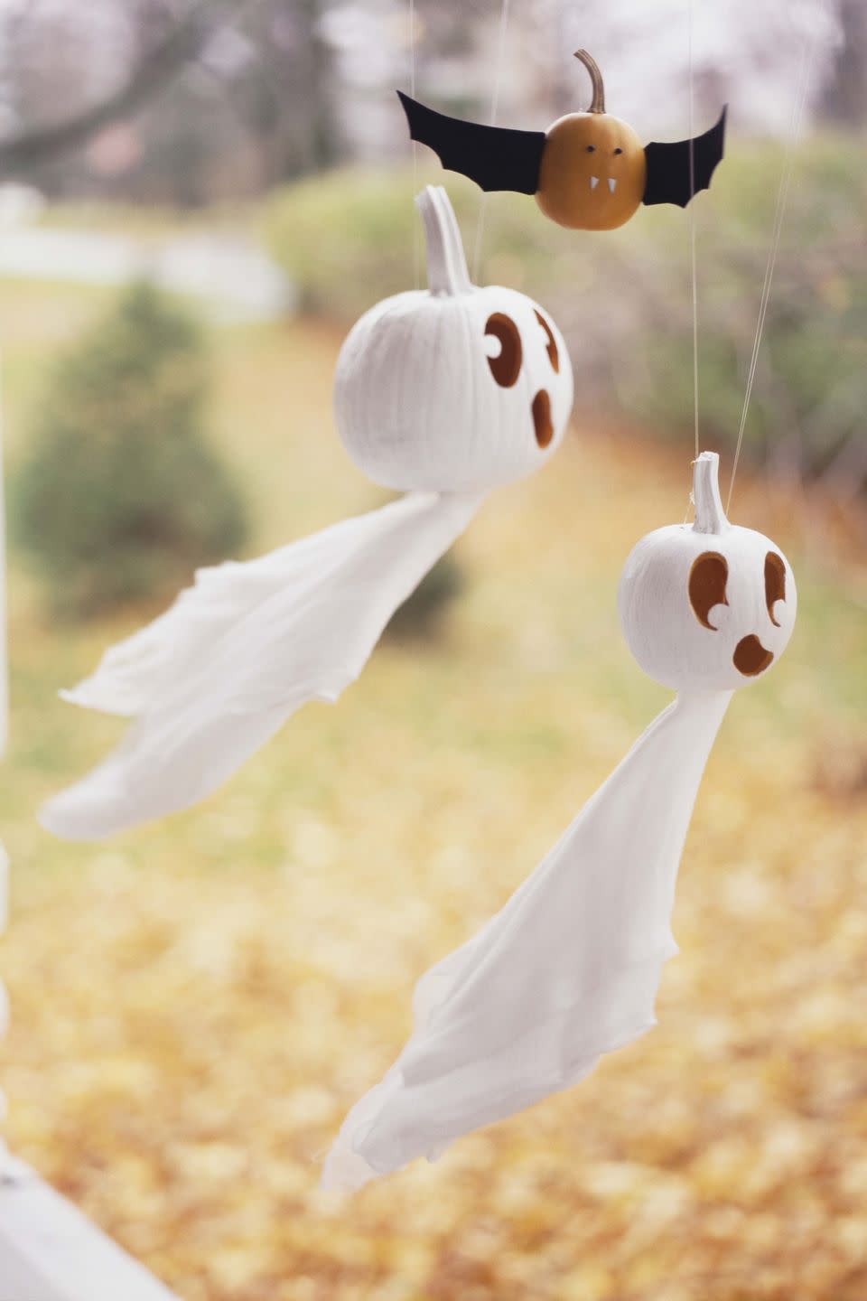 Flying white pumpkin ghosts and bats.