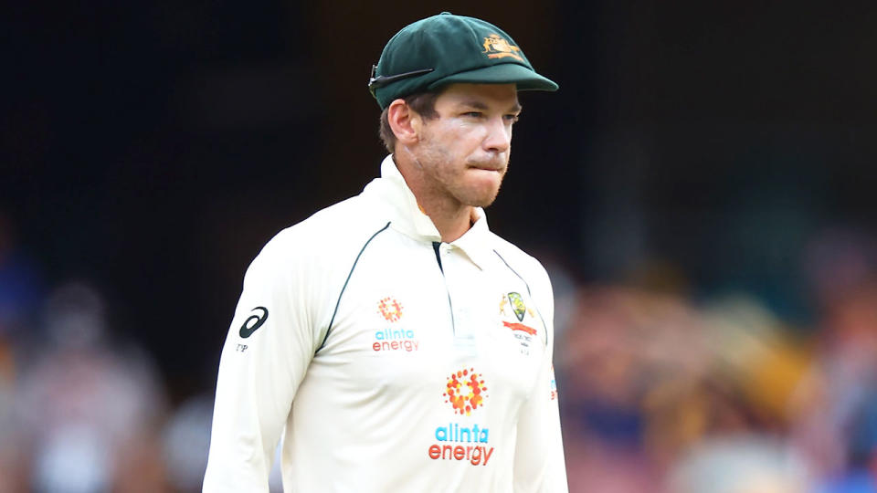 Pictured here, Australia captain Tim Paine looks on in frustration during the fourth Test against India.