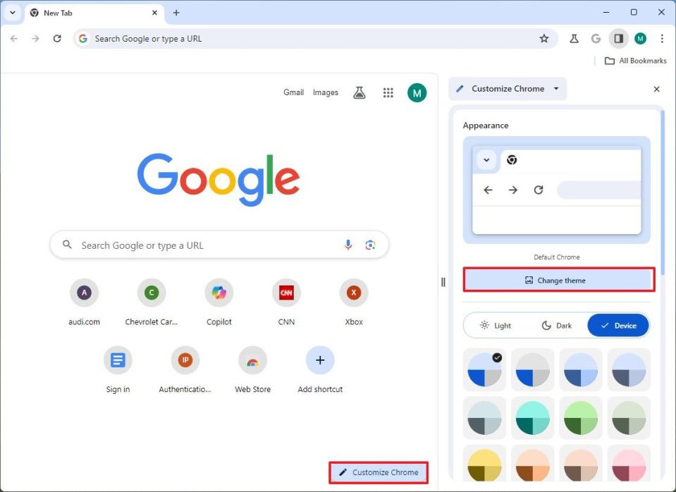 Chrome change theme option