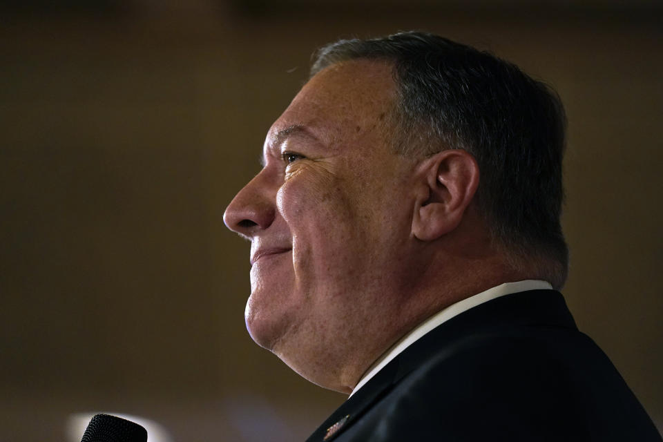 Former Secretary of State Mike Pompeo speaks at the West Side Conservative Club, Friday, March 26, 2021, in Urbandale, Iowa. (AP Photo/Charlie Neibergall)