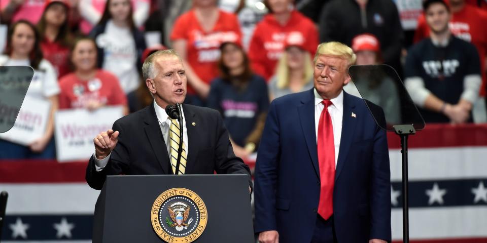 FILE - In this March 2, 2020, file photo Sen. Thom Tillis, R-N.C., speaks during a campaign rally for President Donald Trump in Charlotte, N.C. Tillis, facing a competitive North Carolina reelection contest, “is looking forward to campaigning" with Trump, Tillis' spokesperson said. (AP Photo/Mike McCarn, File)