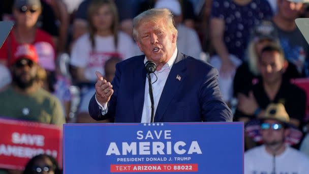 PHOTO: Former President Donald Trump speaks at a rally, on Oct. 9, 2022, in Mesa, Ariz. (Matt York/AP)