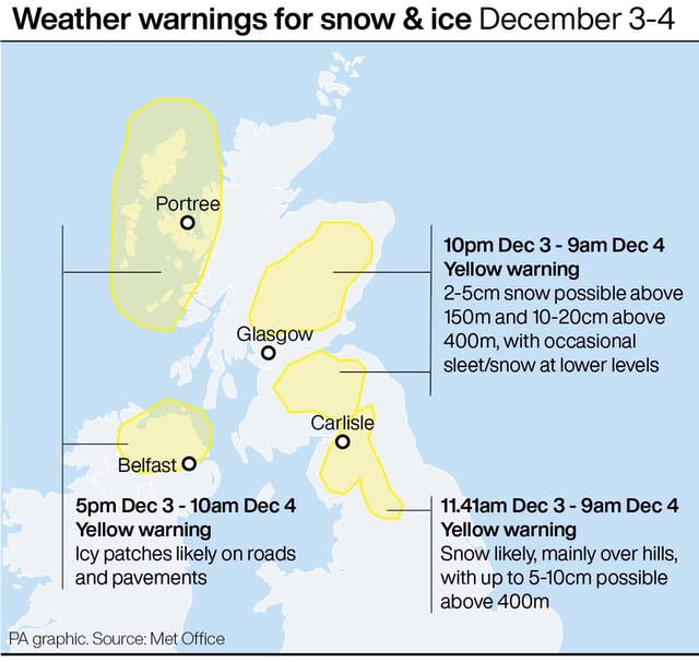 Weather warnings for snow & ice December 3-4