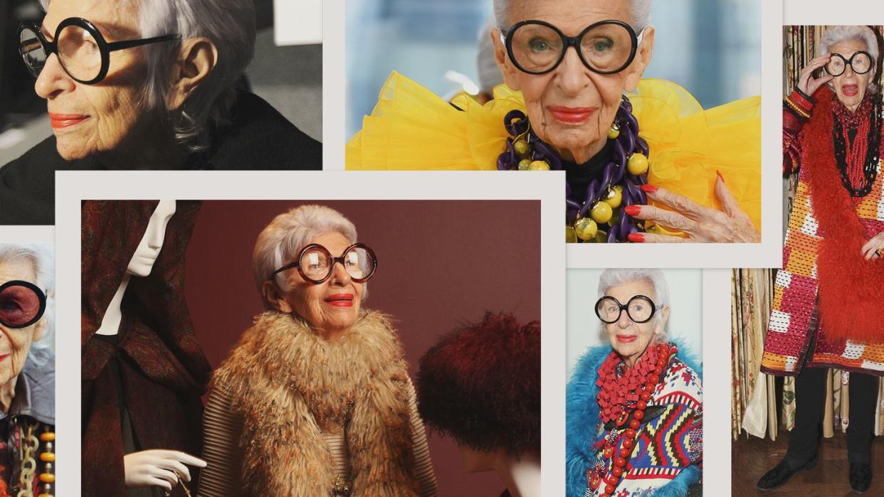 a collage of images of an older white woman wearing oversized glasses and colorful clothing