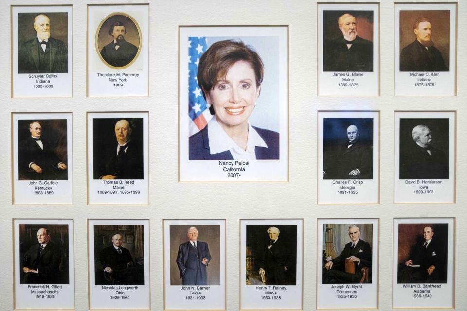 An image of Nancy Pelosi is at the center of a collage of former speakers of the House