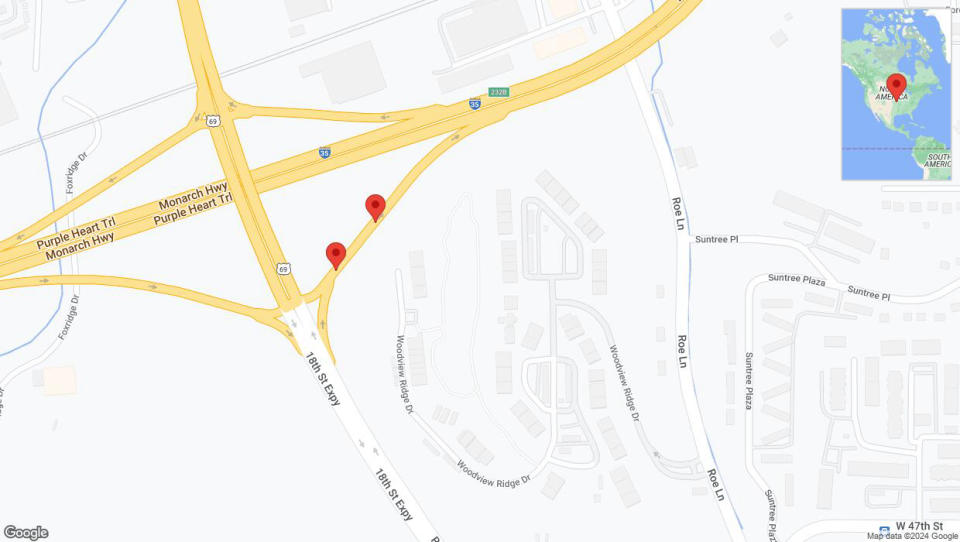 A detailed map that shows the affected road due to 'Broken down vehicle on Woodview Ridge Drive in Kansas City' on July 26th at 8:11 p.m.