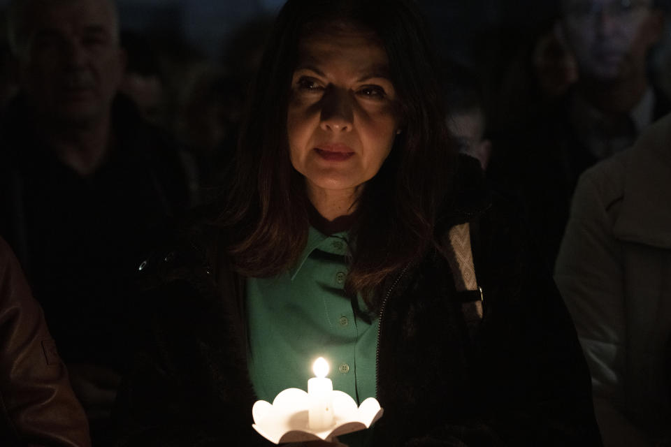 A woman takes part in a pro-life march in Zagreb, Croatia, Friday, March 15, 2024. Scores of religious and neo-conservative groups in recent years have been building up pressure in the staunchly Catholic country, trying to force a ban on abortions. (AP Photo/Darko Bandic)