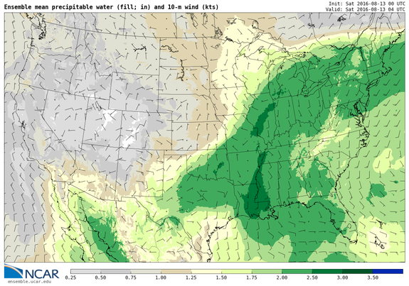 Precipitable water on Saturday, August 13, showing nearly 3 inches across Louisiana, and a plume of extremely humid air streaming northeastward all the way to Canada.