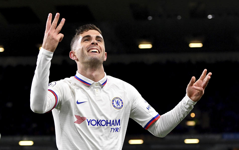 Chelsea's Christian Pulisic celebrates scoring his side's third goal during the English Premier League soccer match at Turf Moor, Burnley, England Saturday Oct. 26, 2019. (Anthony Devlin/PA via AP)