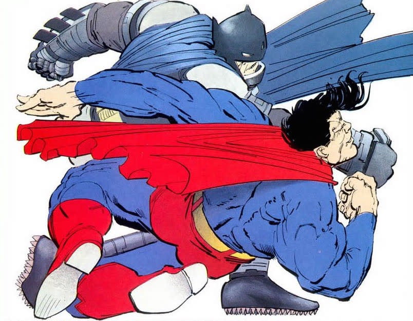 <p>Zack Snyder has cited Frank Miller’s iconic 1986 story <a href="https://www.yahoo.com/movies/the-dark-knight-returns-at-30-frank-miller-on-151604704.html" data-ylk="slk:as a big influence on Batman v Superman;elm:context_link;itc:0;sec:content-canvas;outcm:mb_qualified_link;_E:mb_qualified_link;ct:story;" class="link  yahoo-link">as a big influence on <i>Batman v Superman</i></a>, with the film borrowing the Bat-armor used by Bruce Wayne in his brutal battle with the Man of Steel. Here, Superman is depicted as a tool of the oppressive government, charged with bringing in the rogue vigilante. Batman uses his armor, missiles, a sonic gun, acid, and ultimately a kryptonite-tipped projectile launched by Green Arrow to temporarily take down Superman.</p>