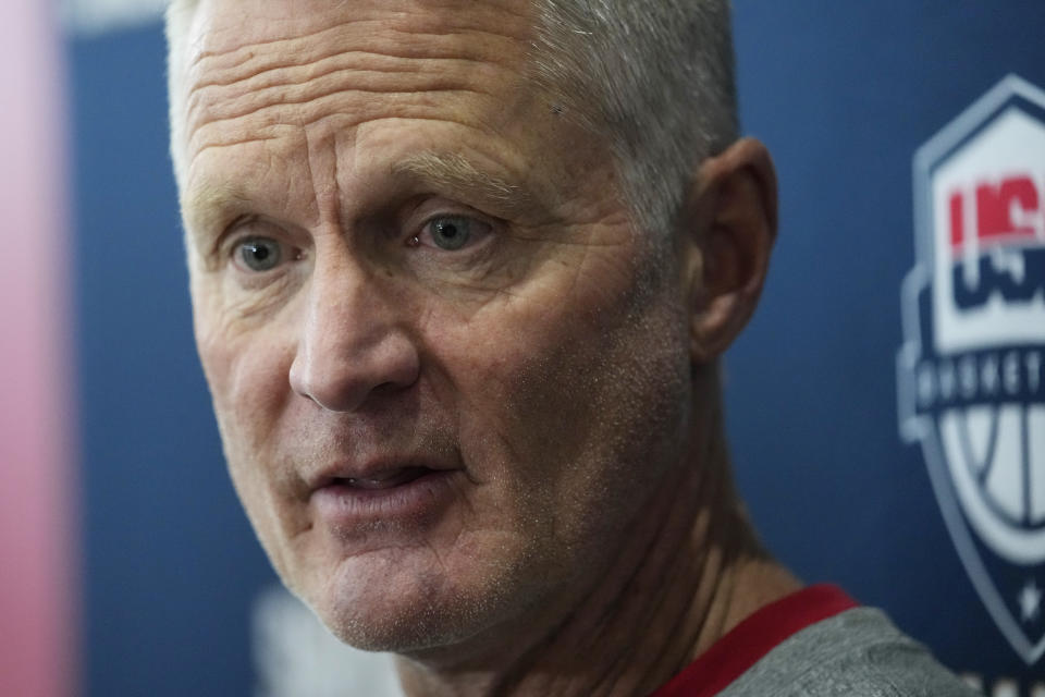 Head coach Steve Kerr speaks with members of the media during training camp for the United States men's basketball team Friday, Aug. 4, 2023, in Las Vegas. (AP Photo/John Locher)