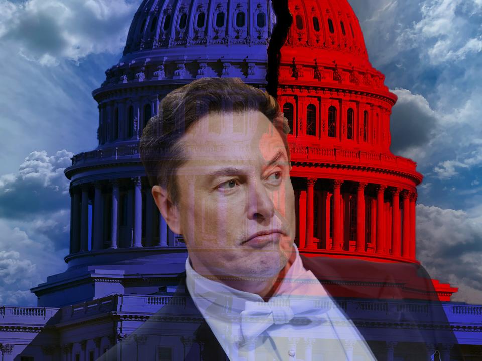 A collage showing Musk making a grimace with the capitol in the background split into red and blue representing the political parties.