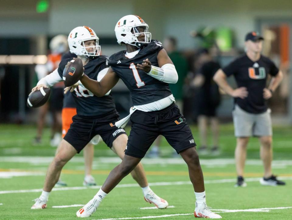 Miami Hurricanes quarterback Cam Ward (1) throws the ball during practice inside the Carol Soffer Indoor Practice Facility at the University of Miami on Monday, March 4, 2023 in Coral Gables, Fla.