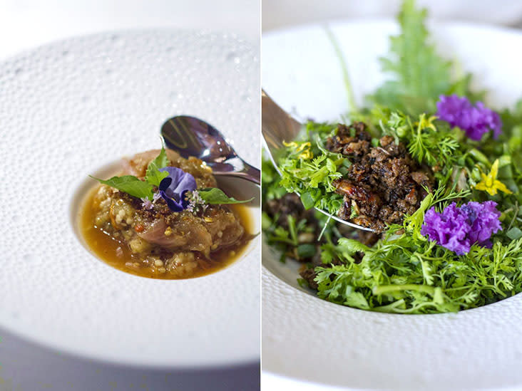 Smoked eggplant &amp; tomato relish (left). Northern pheasant larb with 'mak-wean' pepper (right).