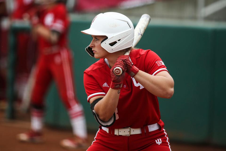 Brittany Ford prepares to hit the ball during the game between the Illinois Fighting Illini and the Indiana Hoosiers at Andy Mohr Field in Bloomington on April 30, 2022.