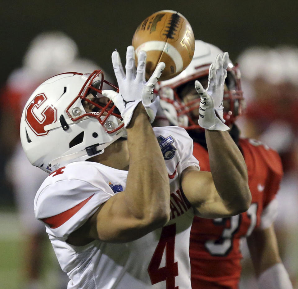 Cortland's JJ Laap (4) catches a touchdown pass in front of North Central's Ethan Groark (31) during the second half of the Amos Alonzo Stagg Bowl NCAA Division III championship football game in Salem, Va., Friday Dec. 15, 2023. (Matt Gentry/The Roanoke Times via AP)