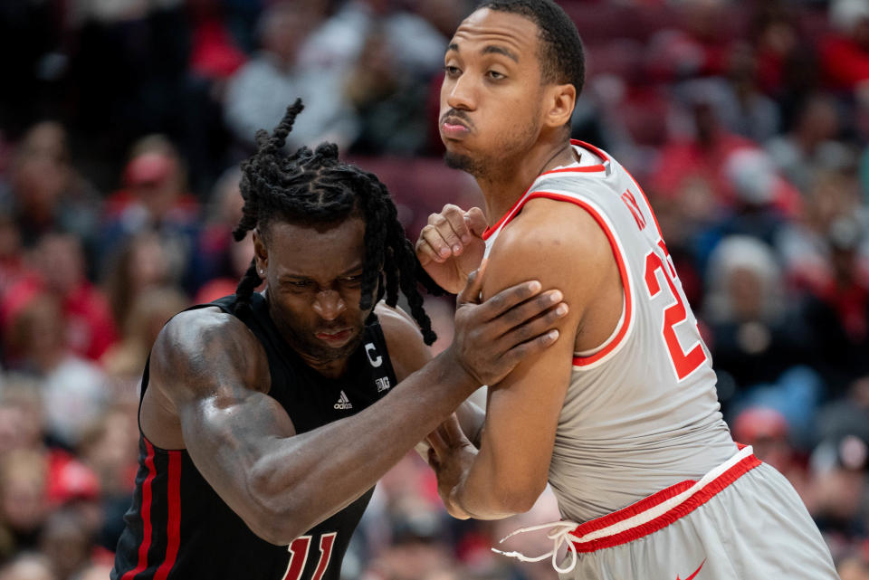 Jan 3, 2024; Columbus, OH, USA;
Ohio State Buckeyes forward Zed Key (23) fights with Rutgers Scarlet Knights center Clifford Omoruyi (11) for the rebound during their game on Wednesday, Jan. 3, 2024 at Value City Arena.