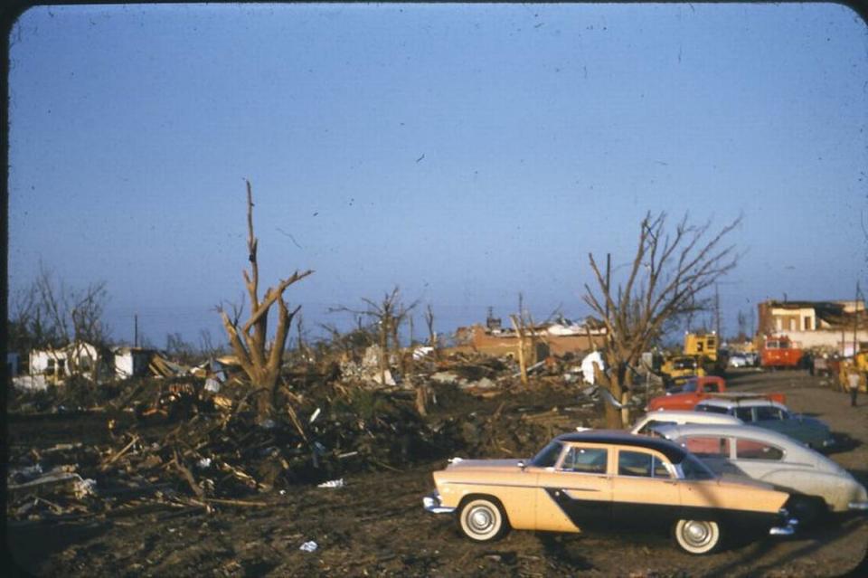 Damage caused by the tornado that struck Udall, Kansas in 1955. Courtesy