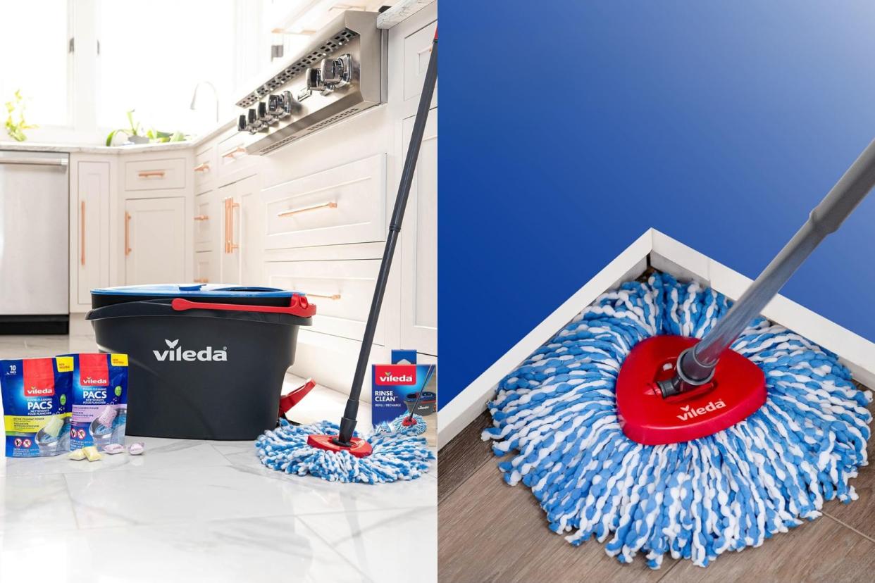 the Amazon mop in a kitchen and cleaning a corner