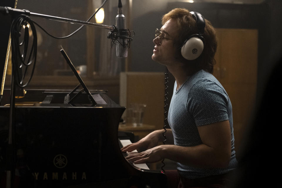 This image released by Paramount Pictures shows Taron Egerton as Elton John in a scene from "Rocketman." v (David Appleby/ Paramount Pictures via AP)