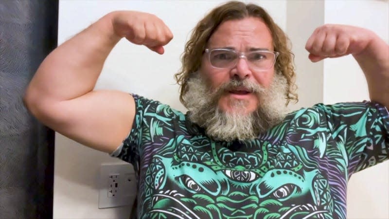 Jack Black flexes during the reveal of the Super Mario Bros. movie, which transpired during 2022's Comic-Con, by Nintendo.